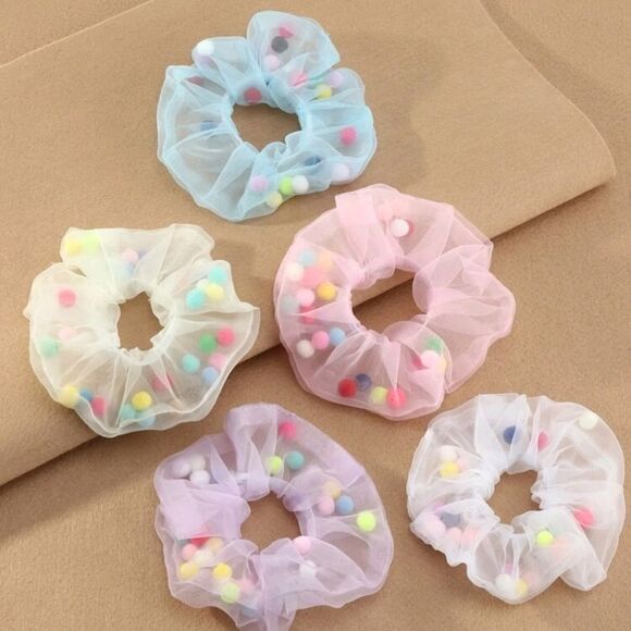 5 Colorful Pom Pom Scrunchies - Picture 1 of 4